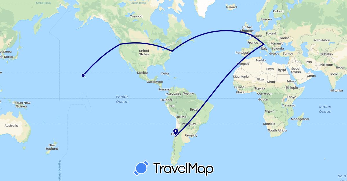 TravelMap itinerary: driving in Chile, United Kingdom, Italy, United States (Europe, North America, South America)